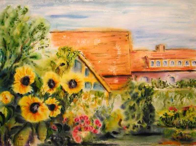 Aquarell: Sonnenblumen und rosa Blüten vor einem Haus mit orangefarbenem Dach